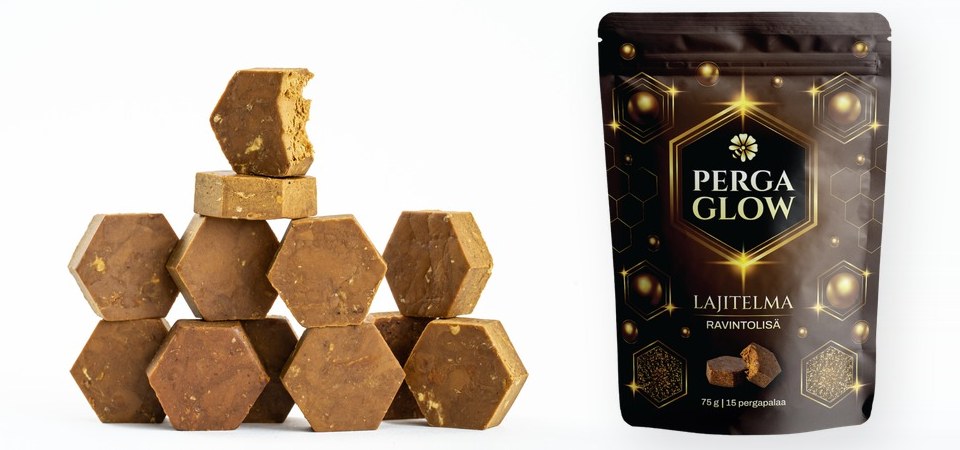 Pergapastilleja pinossa ja Perga Glow -lajitelmapakkaus